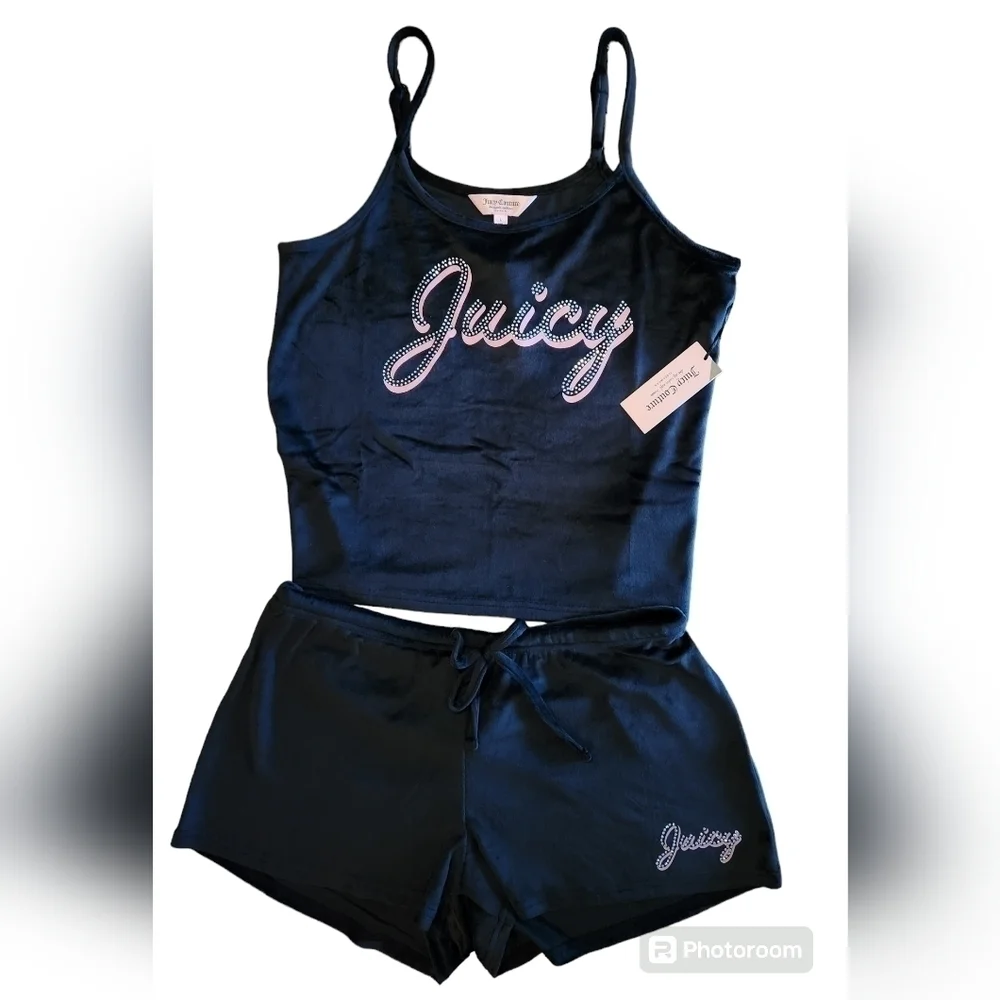 Juicy Couture 2 Piece  Velour Loungewear Short set, Black w/ Pink Studded Logo